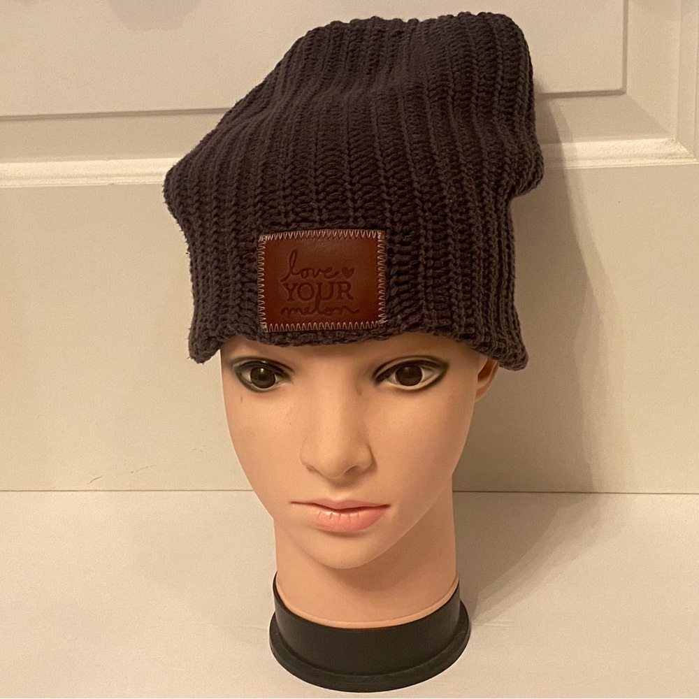 LOVE YOUR MELON HAT BEANIE GRAY COTTON ONE SIZE OS ACCESSORY BROWN PATCH